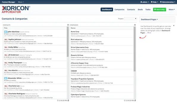 Contacts dashboard of an AppCreator application