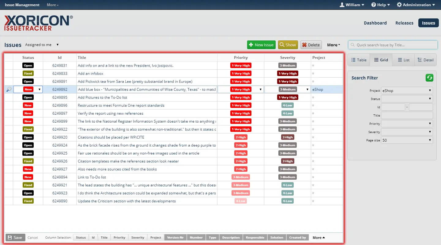 Editable grid views in XORICON IssueTracker