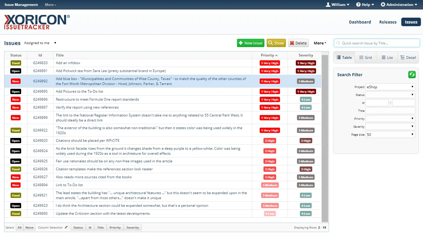 Issue tracking in XORICON IssueTracker