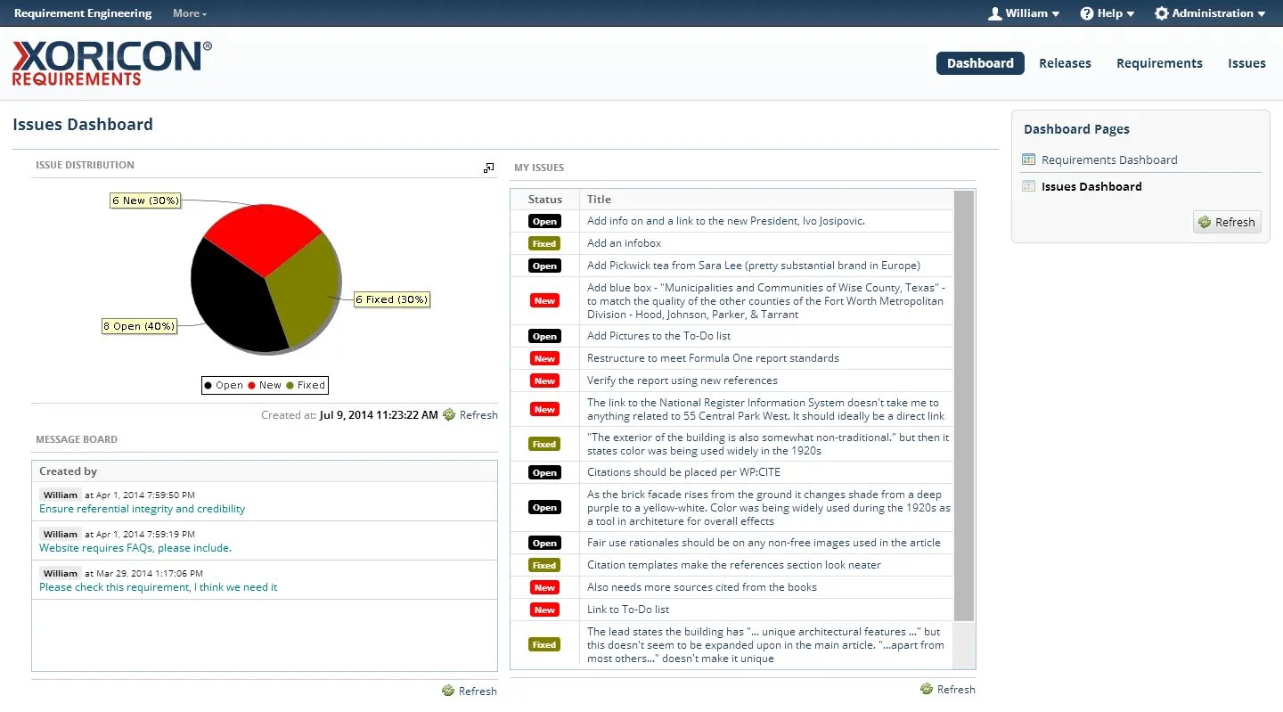 Dashboards, graphs, and reports in XORICON Requirements