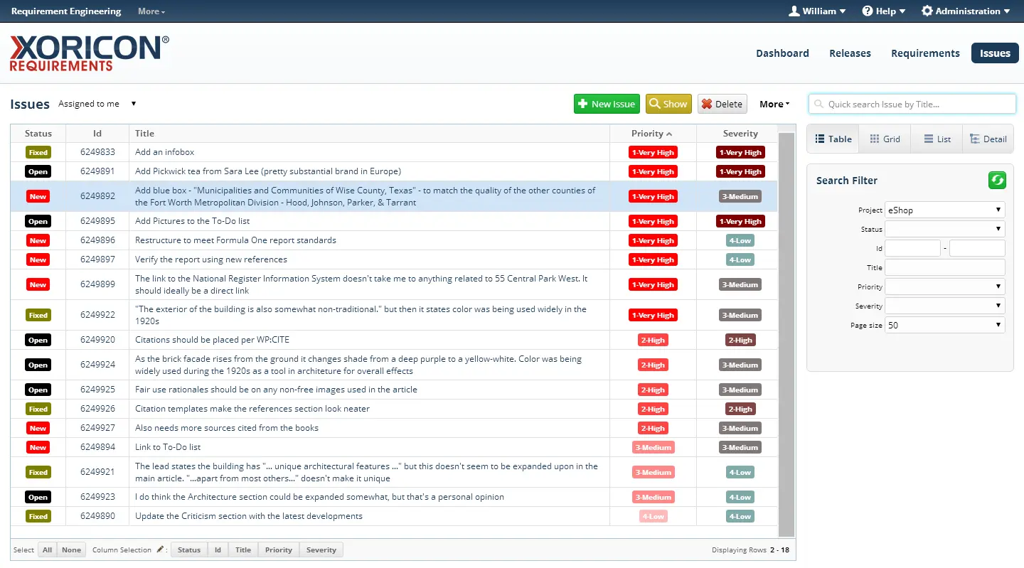 Issue tracking in XORICON Requirements