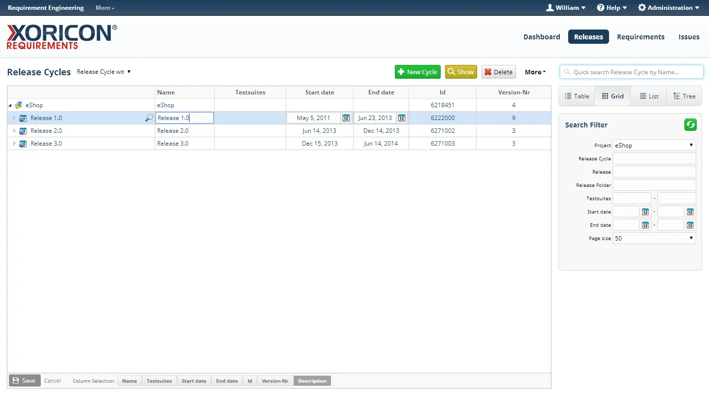 Release management in XORICON Requirements