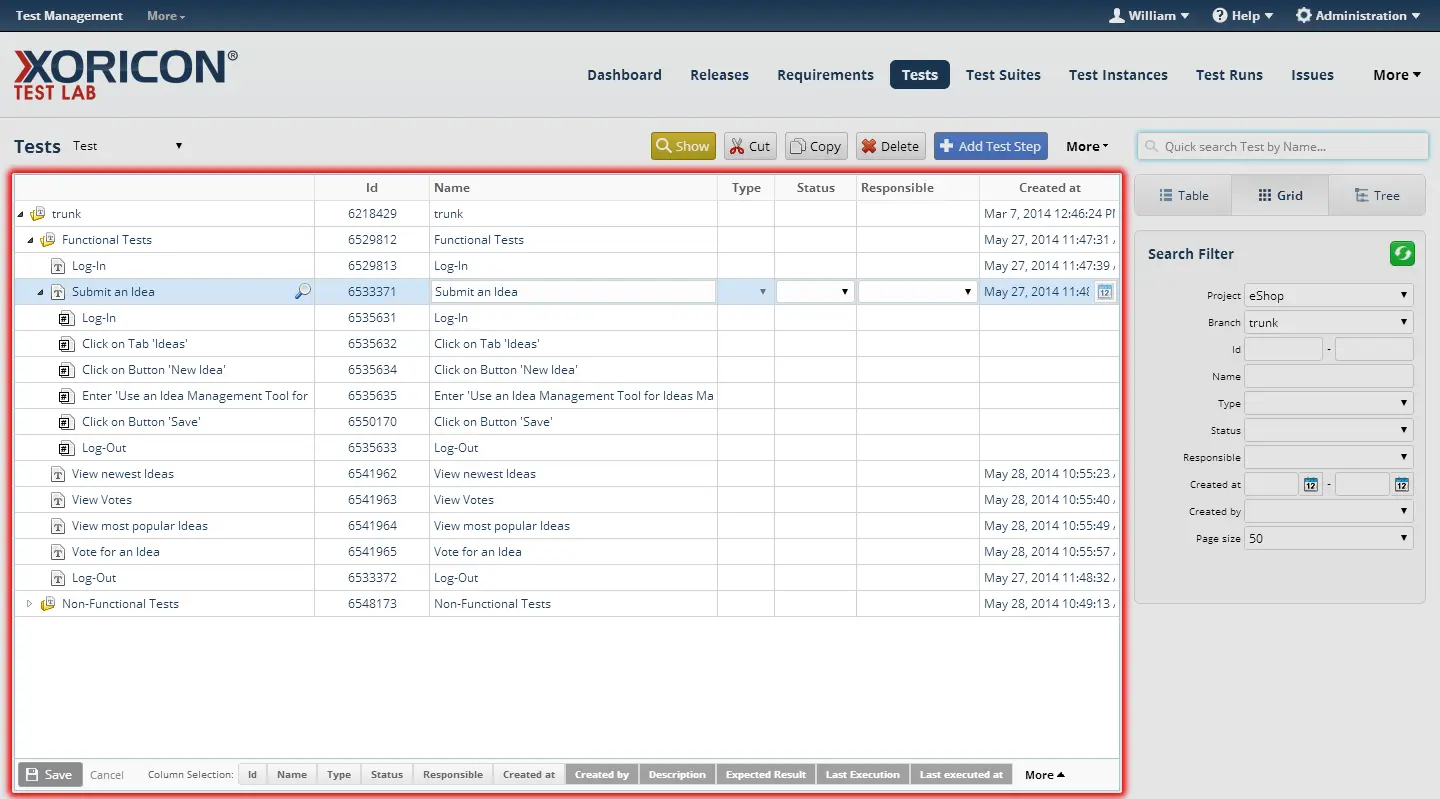 Editable grid views in XORICON TestLab