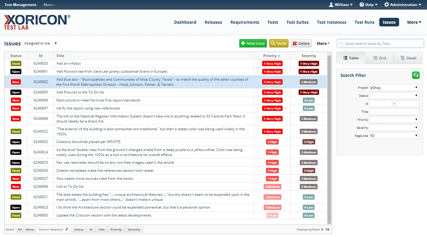 Issue tracking in XORICON TestQA