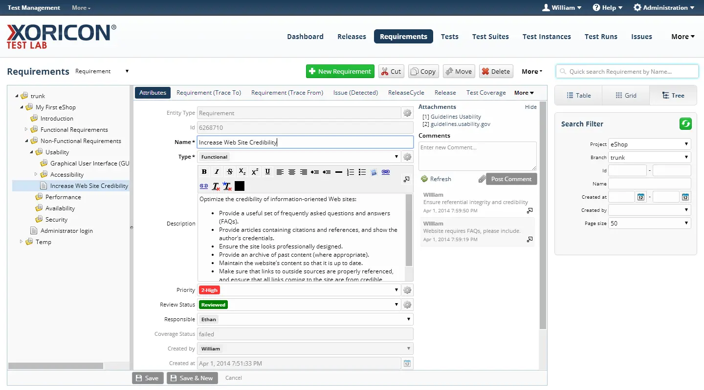 Requirements specification in XORICON TestQA